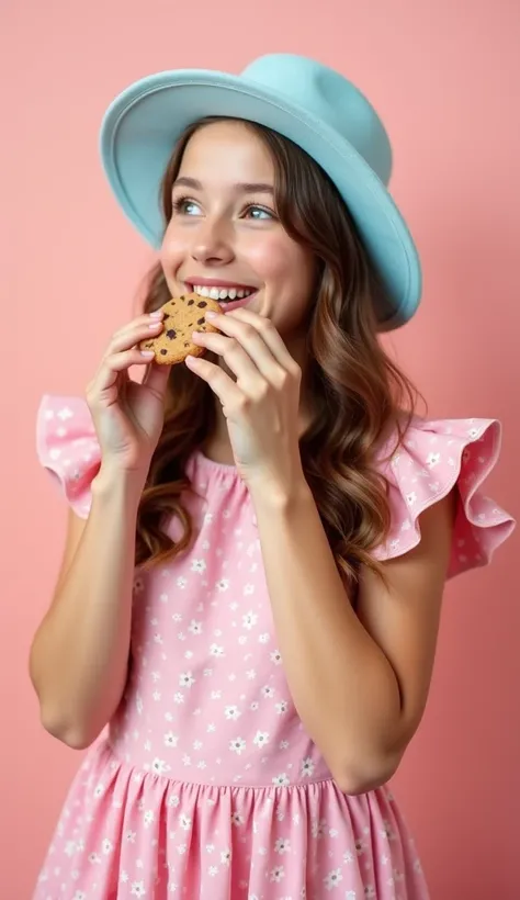 A young woman in a pink floral dress with ruffled sleeves smiles brightly while eating a chocolate chip cookie looking at right. She wears a light blue hat and has wavy brown hair. The background features plain in soft colors, enhancing the cheerful and pl...