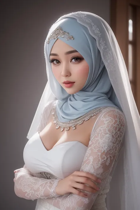  Modest body, oval face, perfect face, wearing islamic wedding dress on background Gradient tattoos