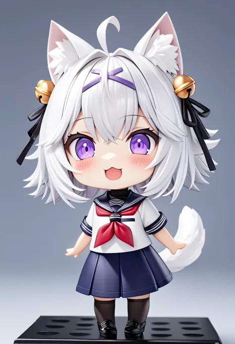 master piece, best quality, ultra-detailed, illustration, 1girl, solo, chibi, (big head), cute pose, front view, looking at viewer. Filiansailor, ((purple hairclip)), hair bell white hair, short hair, cat ears, ahoge, purple eyes, blush, laughing, fluffy t...