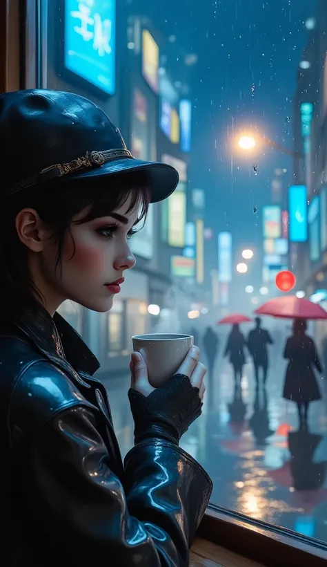  woman looking out the window with a cup of coffee ,  sees people walking with umbrellas down the street illuminated by a lantern,  torrential rain , puddles on the street , The glass has drops of water falling , chiaroscuro, cinematic lighting, UHD, Retin...