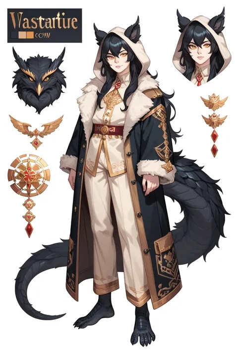  oversized fur owl hood, Femboy, human torso and head, scaled dragon legs and tail, solo character, black scales, black hair, clawed feet, long hair, rascal, bold, golden slit eyes, pale skin, masterpiece, best quality, eye scar, beauty marks, tattoo on ri...