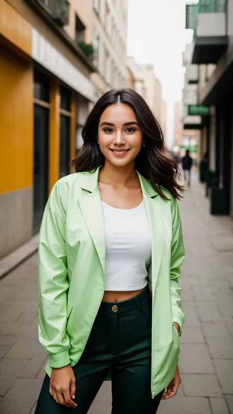 closeup portrait photo of a beautiful 26 year old woman, wearing a light green jacket (gojek color), open jacket showing chest, wearing black trousers, standing on the side of a city street with buildings, makeup, 8k UHD, high quality, smile, cinematic