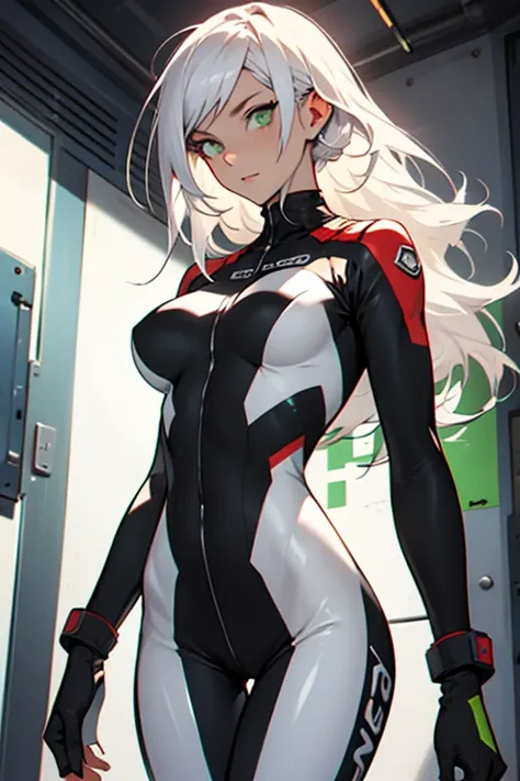 1 girl, white hair, green eyes, very long hair, pale skin, fit body, slender body, slim waist, large breasts, (confident expression), pilot suit, thigh gap