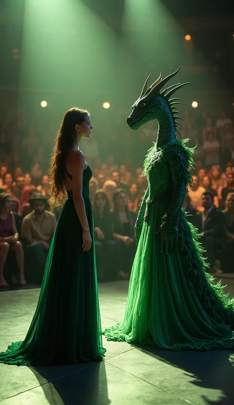 "A mesmerizing scene on a talent show stage, featuring a young woman in a flowing dark green gown standing face-to-face with a human-sized dragon figure. The dragon is elegantly dressed in a flowing green gown with intricate feather details blending seamle...