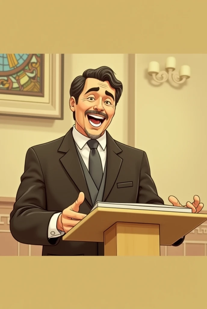 a middle-aged man with black hair, in his 50s, preaching in a church, smiling, realistic, high quality, sharp and detailed background, ultra-realistic, dramatic lighting, intricate details, warm colors, photorealistic, cinematic lighting, dramatic composit...