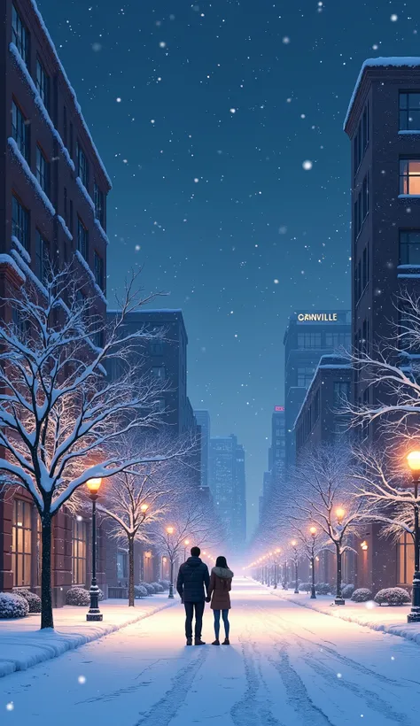  An ultra-high definition animated picture ，The picture shows a snow-covered city at night ， On both sides of Granville Street are city buildings and snow-white trees at night， Street is newly covered with snow ，It hasnt rolled through a rut yet ，A couple ...