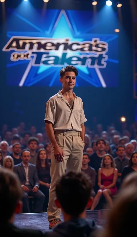 "A young man stands on the stage of Americas Got Talent, illuminated by the bright spotlights of the theater. He is dressed in simple yet elegant attire that reflects his humble yet confident personality. The backdrop features the shows iconic logo in shad...