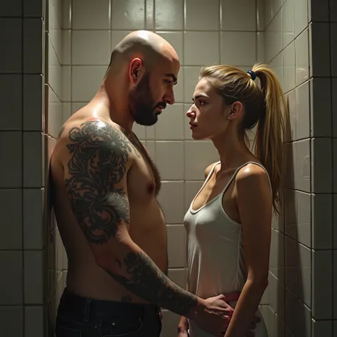 Fat, bald, very dumb, ugly, 30 years old, face and chin clean shaven, tattooed,beardless, turk mehmet, who just got free from a four years prison term, showers with his girlfriend, blonde, smart, slim  austrian teen tamara in her mothers apartement, vienna...