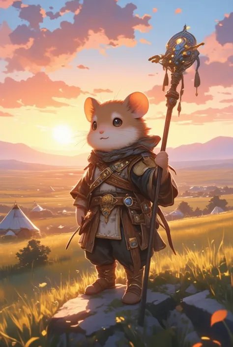 (Imagine a supremely cute hamster adventurer, standing proudly atop a gentle incline in the vast Mongolian steppe. The hamster, with fluffy fur and sparkling eyes, dons traditional travelers attire, comprising a tiny but intricately designed leather jerkin...