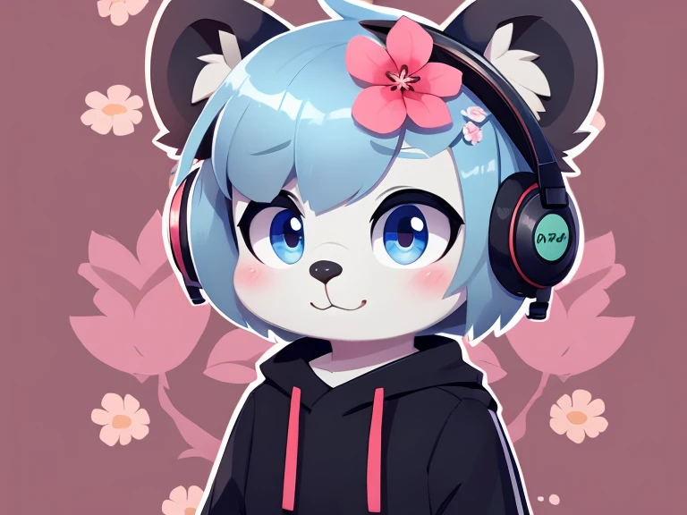 Little furry boy, short hairstyle, cute koala, detailed body, clothes, cute background, different colored eyes, hair flower, headphones on the head 