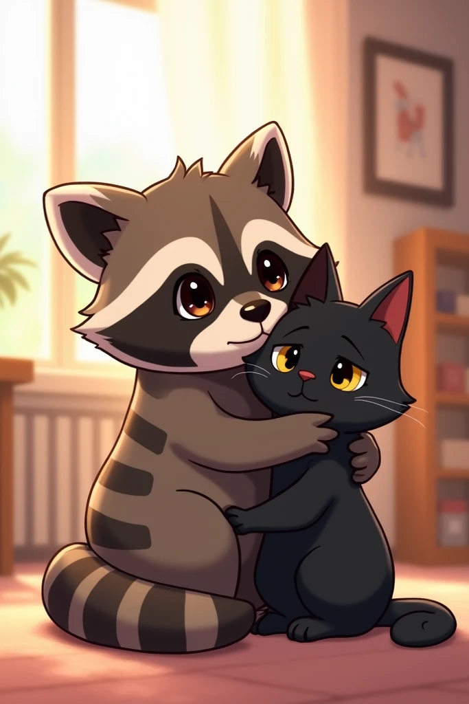 Raccoon hugging a black cat anime version