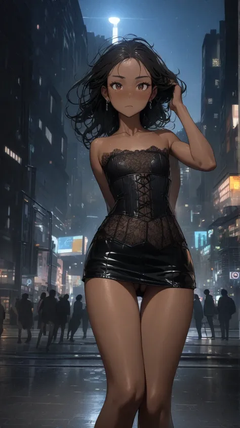 (((Adult trans woman)): (thigh short miniskirt, strapless lace top corset, brown eyes, brown skin, showing the whole body, ((black short wavy hair)), ((High heel leather boots ). Closed mouth )); full body shot, ((standing in park at night)), city backgrou...