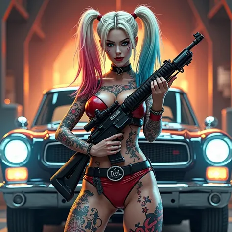 Tattooed Harley Quinn standing in front of her car with a rifle 