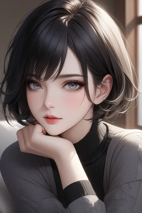 (Top resolution、Distinct_image)top-quality、FEMALES、​masterpiece、ighly detailed、Semi-realistic、Black short hair、Dark hair、grey  eyes、bangss、25-years old、Mature、young、Exquisite facial features、Facial features,closing eye