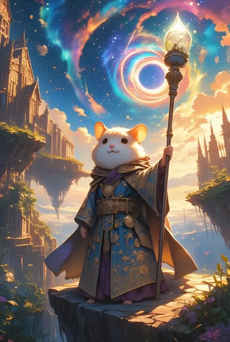 Transport the imagination to a realm untethered by the laws of Earth. Showcase a super cute hamster now reimagined as a wise sorcerer, swathed in a flowing, intricate robe embroidered with stars and ancient runes—symbols of its magical prowess. In one tiny...