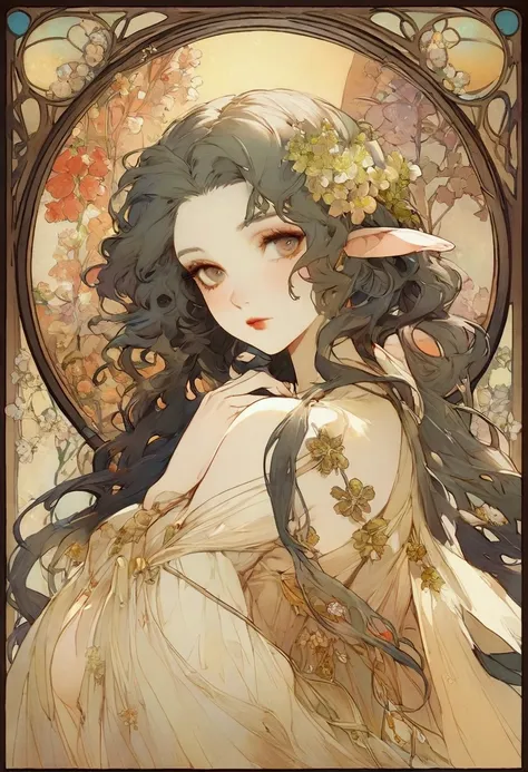 An ultrafine detailed watercolor painting of a gorgeous woman with flowers in her hair, in the style of Alphonse Maria Mucha and Gustav Kilmt, art nouveau accents, fairy princess, anthropomorphic female, female figure, detailed cover artwork, as the goddes...