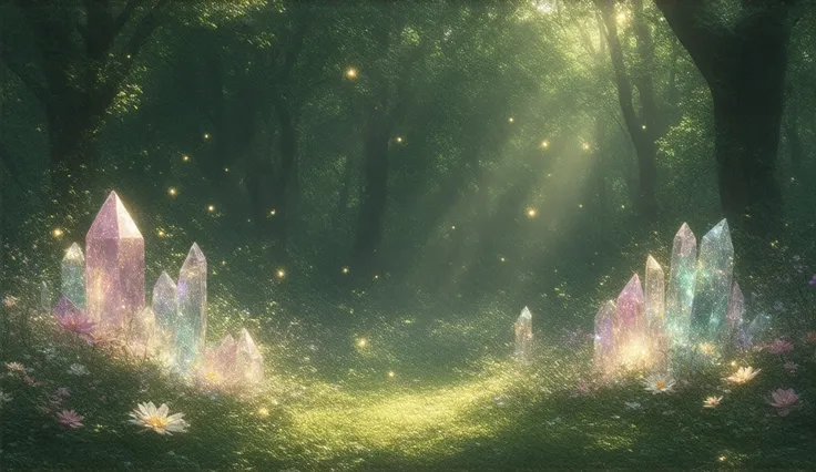  Magical sunny forest glade with many large, glowing crystals , rosa, Lila,  white and yellow flowers and fireflies