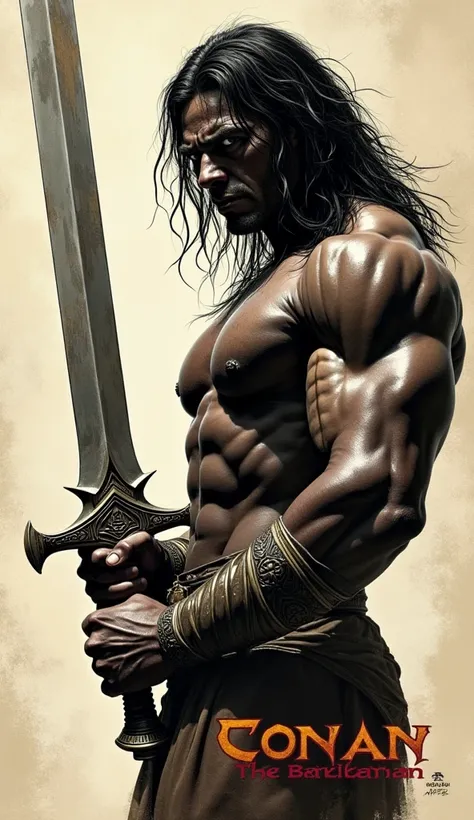 A detailed masterpiece magazine cover by Kentaro Muira, side view, of a black Conan the barbarian holding large sword in both hands, intense expression looking at viewer, text in Crom font that reads Conan the Barbarian