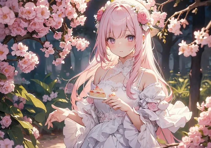 A serene girl with shortcake-colored hair, blending pink, cream, and white tones, gently gazing to the side, wearing a lace outfit adorned with floral accents. The world around her is a soft shortcake paradise, with layers of cake topped with fresh fruits,...