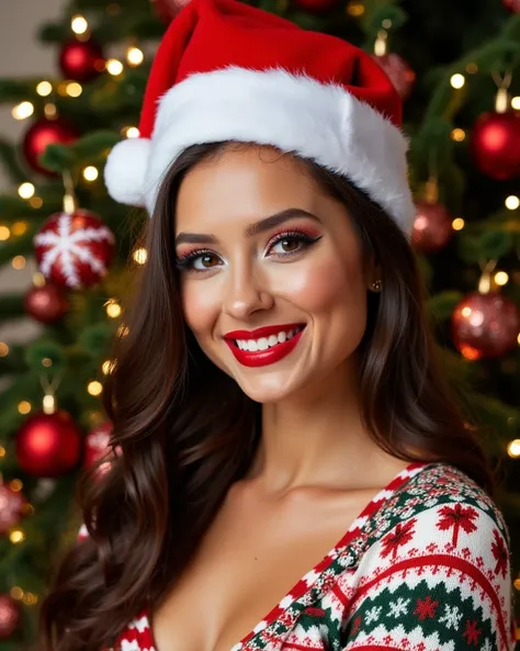 Close up Portrait of a beautiful 20 yo woman, she Is wearing a santa claus hat, wearing a sweater with christmas patterns, in the background the is a Christmas tree, vibrant smile, cleavage, red lipstick, she has Christmas makeup, cinematic, high contrast,...