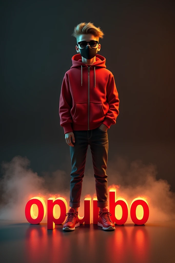 Create a realistic high quality image of a handsome standing boy standing casually on top of PSD TEXT WORD "OPURBO" with gold  light, light smoke effect dark background realistic, wearing red hudie and good hairstyle   , a black mask and black sunglass and...