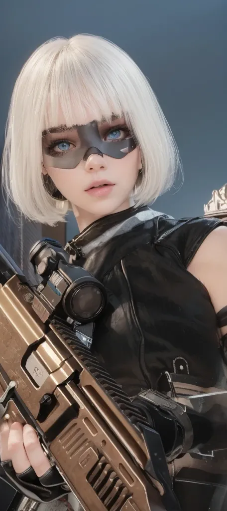 score_9,score_8_up,score_7_up,ultra detailed,absolutely resolution, 32k,masterpiece,best quality,ultra HD quality, 20 year old Girl, Create a hyper-realistic portrait of a futuristic female soldier with short, silvery-white hair and piercing blue eyes. She...