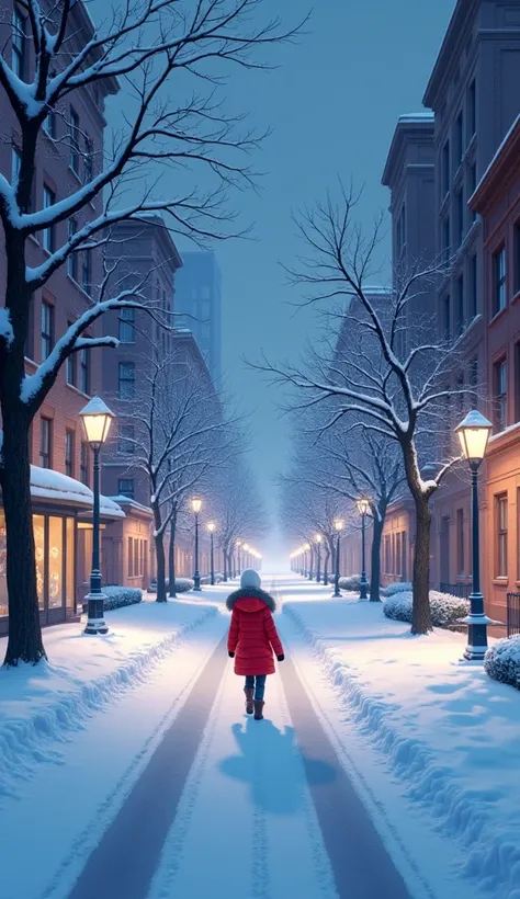  An ultra-high definition animated picture ，The picture shows a snow-covered city at night ， On both sides of Granville Street are city buildings and snow-white trees at night， Street is newly covered with snow ，It hasnt rolled through a rut yet ， Theres a...