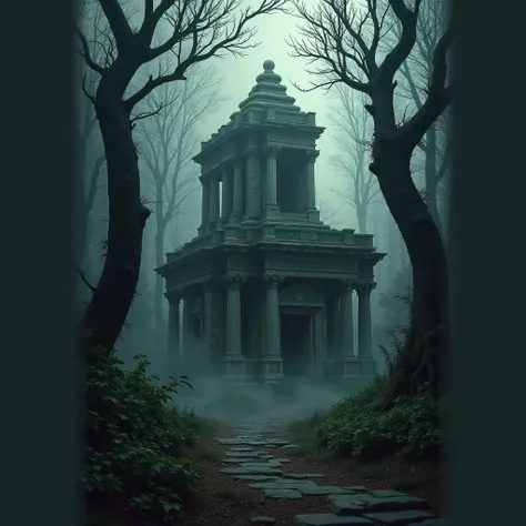 Abandoned temple in a dark forest with hazy dark sky 