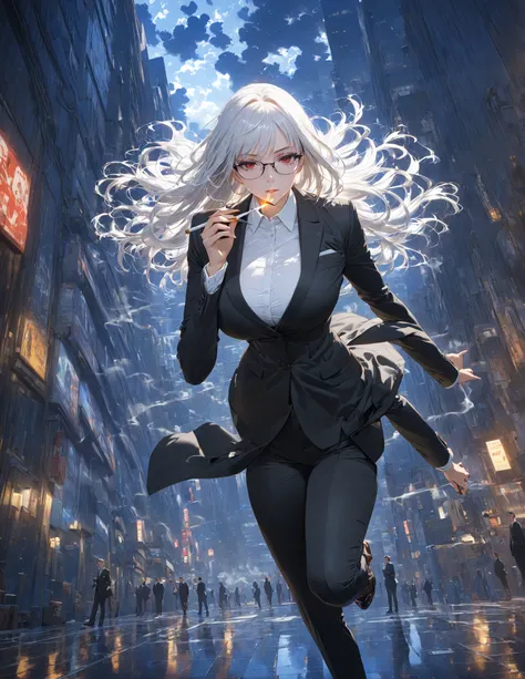 Masterpiece, high quality, high resolution, 16K, highly detailed background, digital painting, unreal engine, Makoto Shinkai illustration, hyperrealistic, viewer, slender, one girl, full body, movie poster, official art, spy, glasses Black suit, white shir...