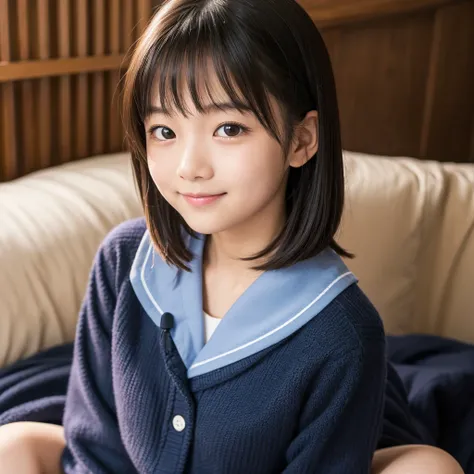 night, sofa, elementary school girl, Japanese girl, HashimotoKanna, (masterpiece:1.2, best quality), (real picture, intricate details), (8k, polished image), looking viewer, smile, black middium hair, (masterpiece:1.2, best quality), (real picture, intrica...