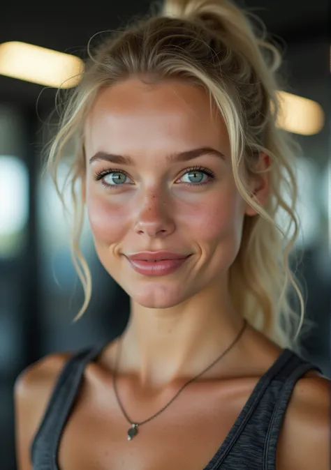 A highly realistic full-body representation of a young woman with fair skin, light blonde hair tied back in a casual ponytail, and light freckles on her cheeks. She has striking light eyes (possibly blue or green), delicate facial features, and natural mak...