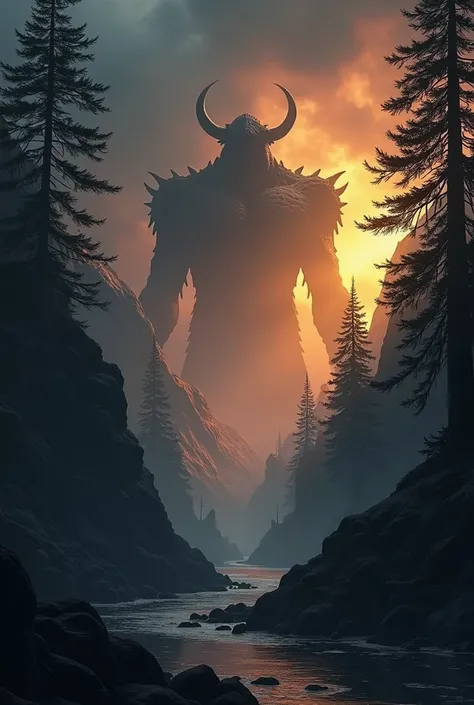 Make a giant dark creature appear behind mountains 