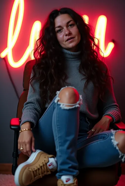  Girl 30 years old long hair curly black brown reflections dark brown eyes, gray turtleneck sweater ,  big round sagging provident breasts ,  ripped jeans ,  sneakers Nike Dunk Low beige and white , gold ring ,  gold bracelet ,  sitting on a gaming chair ,...