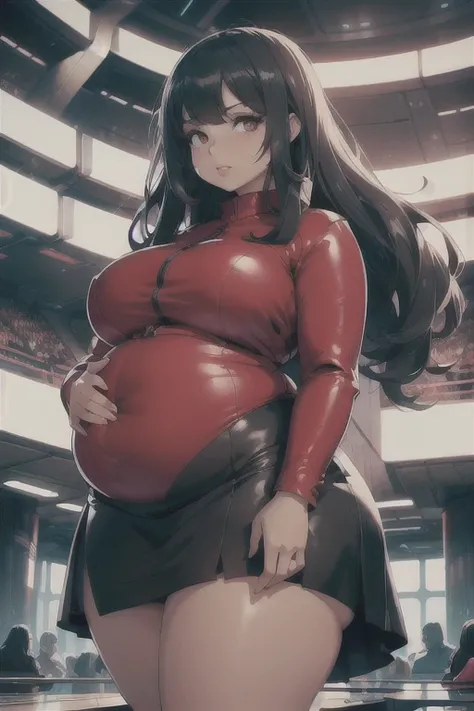 (Best quality), (high resolution), (detailed), futuristic, 1woman, curvy lady, stuffed belly, thick thighs, chubby belly,futuristic style, future fashion, gorgerous face, thick lips, ((red long sleeve shirt)), ((black skirt)), ((black hair)), 