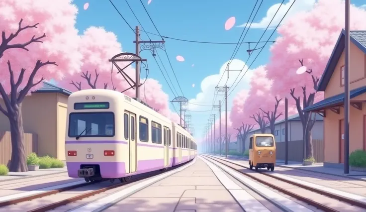 (((Ultra detailed, Megapixel))) Create a visually dynamic photo realistic image featuring., Pastel-toned Japanese town street scene featuring a train at a crossing.  Charming,  peaceful, and whimsical inspired from anime-style illustration. A light-purple ...