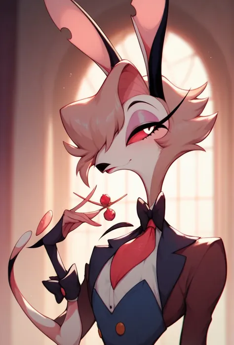 An original character, anthropomorphic, rabbit, jackalope, male, tall character, hair over left eye, wearing a outfit, using some accessories, on a beautiful background, cartoon art style "Helluva Boss"