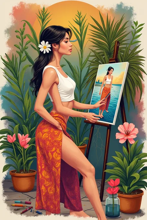 A surrealistic and colorful illustration of an ((exotic Balinese girl: 1.5)) posing elegantly as a painter works on her portrait. The girl is wearing a traditional white kemben top and a batik sarong with a high slit, revealing her leg. A jasmine flower is...