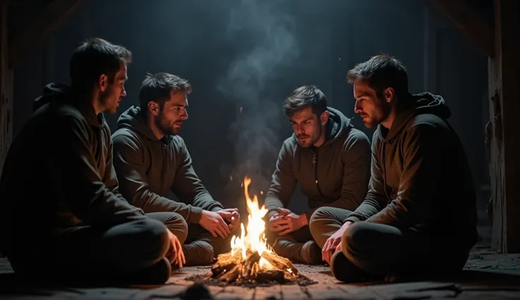  Image of four male climbers sitting in a circle on a wooden floor in a dark hut,  with anxious and tense expressions ,  under the dim light of a bonfire that only slightly illuminates their faces . blurred and black and white 