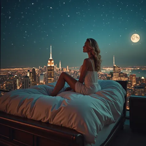  a fantastic picture , magically and mysteriously ,  a beautiful bed flies over the city,   a woman in a nightie is sitting on the bed,  classic beauty , Elegant pose,  with beautiful blond hair is sitting on the bed , evening city in lights , there are st...