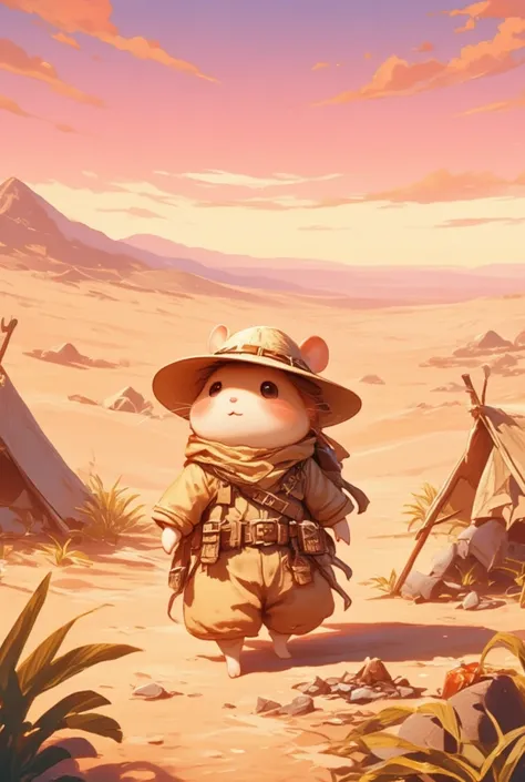 In the vast and desolate desert landscape under a dusky pink sky, an adorable hamster, slightly sun-kissed, confidently strides forward with determination. It wears a snug, sand-colored explorers outfit complete with a tiny hat that provides shade from the...