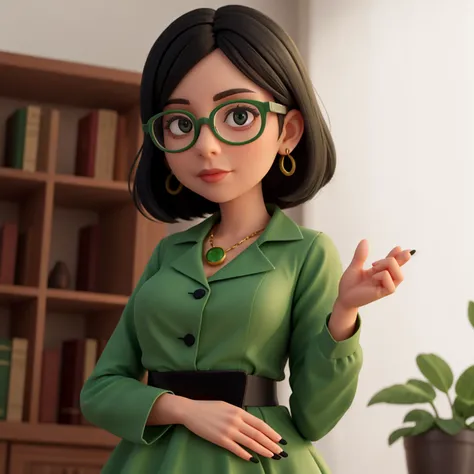 a woman in a green dress with black hair wearing glasses