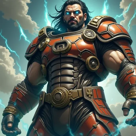 A middle aged man of 6ft tall and 230 lb in weight of lean muscle and buff athletic build, with glowing blue eyes, a beard, black unruly hair, with sharp features, with armor like skorge from gears of war 2, with an aura like goku ultra instincts around hi...