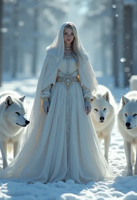 WINTER PRINCESS, WOLF, WEARING WHITE PRINCESS DRESS wearing hijab, WINTER, SNOWY, NATURE, SURROUNDED BY WHITE WOLVES, 8K, FANTASY, portrait concept art resolution by Greg Rutkowski, Artgerm, WLOP, Alphonse Mucha dynamic lighting very detailed intricate det...