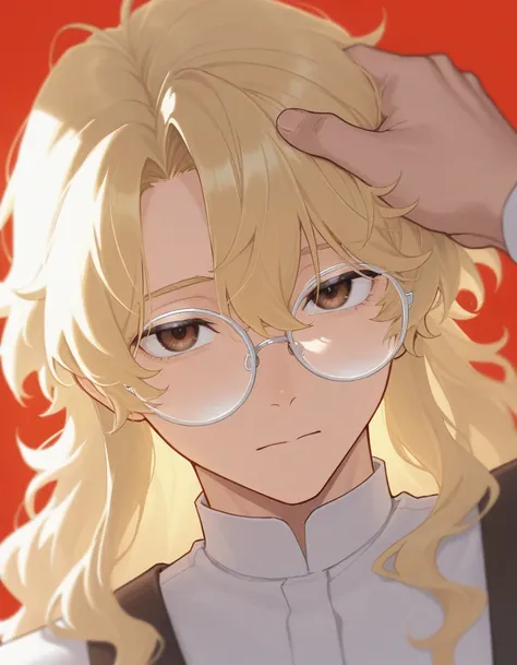 masterpiece,best quality , newest , safe, 1boy ,Men, round glasses, blonde hair , white reflection in the eyes , short wavy hair , brown eyes ,rindo sarcasticaMente, white reflection of light on glasses ,White eyeglass lenses , with the head raised with ai...