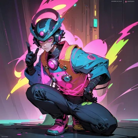 A colorful and fantastic cyberpunk character that is exaggerated, wearing a helmet on his head with large mechanical holes of neon-lit electrical elements on the helmet and chest, surrounded by various magical and mystical elements including candles, skull...