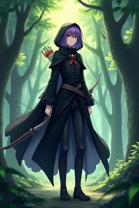 Log Horizon OC , Anime Style, Art Nouveau, , femboy, man, Drepressiv ,  shoulder Long hair ,  purple hair, Bangs, Red Eyes,  Black medieval dress with hood,  black boots, Has a bow in his hand with an arrow on the back, standing in the forest. 