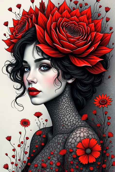 official art, unity 8k wallpaper, very detailed, beautiful and aesthetic, masterpiece, best quality, (zentangle, mandala, tangle, entangle), (fractal art:1.3) , 1 woman, Red flower, very detailed, dynamic angle, cowboy shot, The most beautiful form of chao...