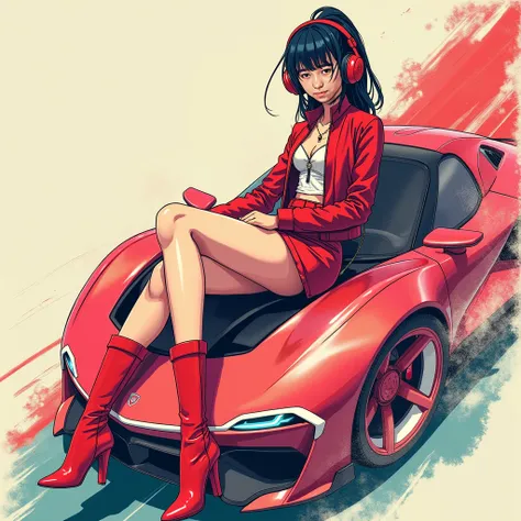  Andy Warhol 、 Japanese、 red electric supercar 、 luxury brand fashion girl wearing headphones、 red boots 1780s illustration 、trendy 、anime illustration