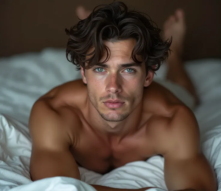 handsome 18 years naked muscled male model, lying down in bed, legs open, hairless, no facial hair, messy wavy dark hair, blue eyes, thick lips, muscled model, defined muscles, ultra highest detailed face, handsome supermodel, young greek god, sublime beau...