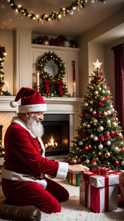 A magical Christmas scene in a cozy living room with a lit Christmas tree in the background. Santa Claus, dressed in his classic red suit, is smiling as he hands out presents to three excited ren. The room is decorated with garlands, stockings hanging on t...